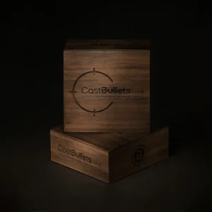 Premium wooden storage box by CastBullets.co.uk, engraved with the CastBullets logo and designed for secure cast bullet storage.